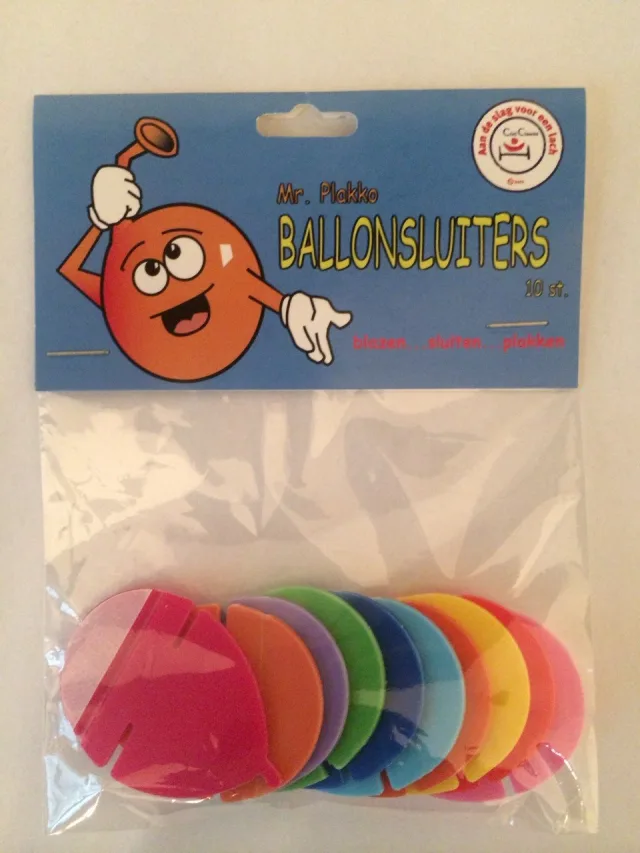 Mr. Plakko Ballonsluiters, verpakking met tien gekleurde ballonsluiters